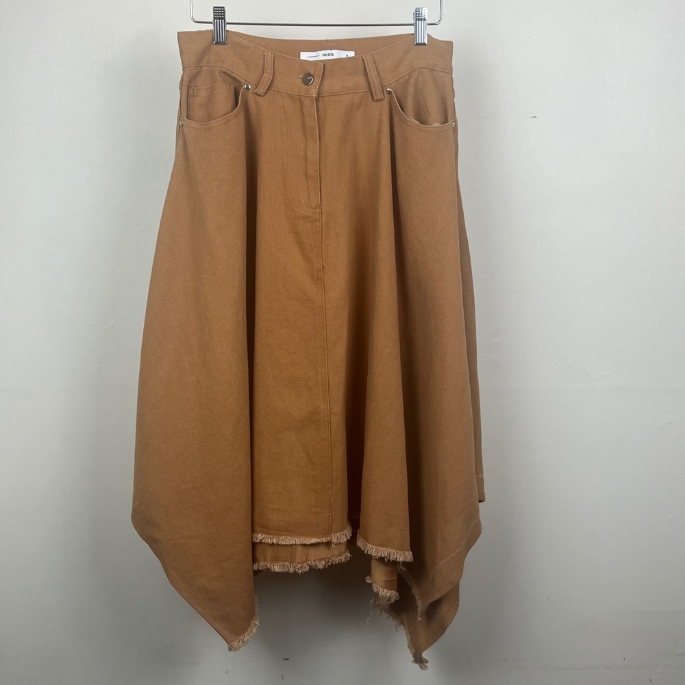 IN:05 Women Brown Twill Handkerchief Hem Midi Skirt Frayed Raw Edge M2-226C M